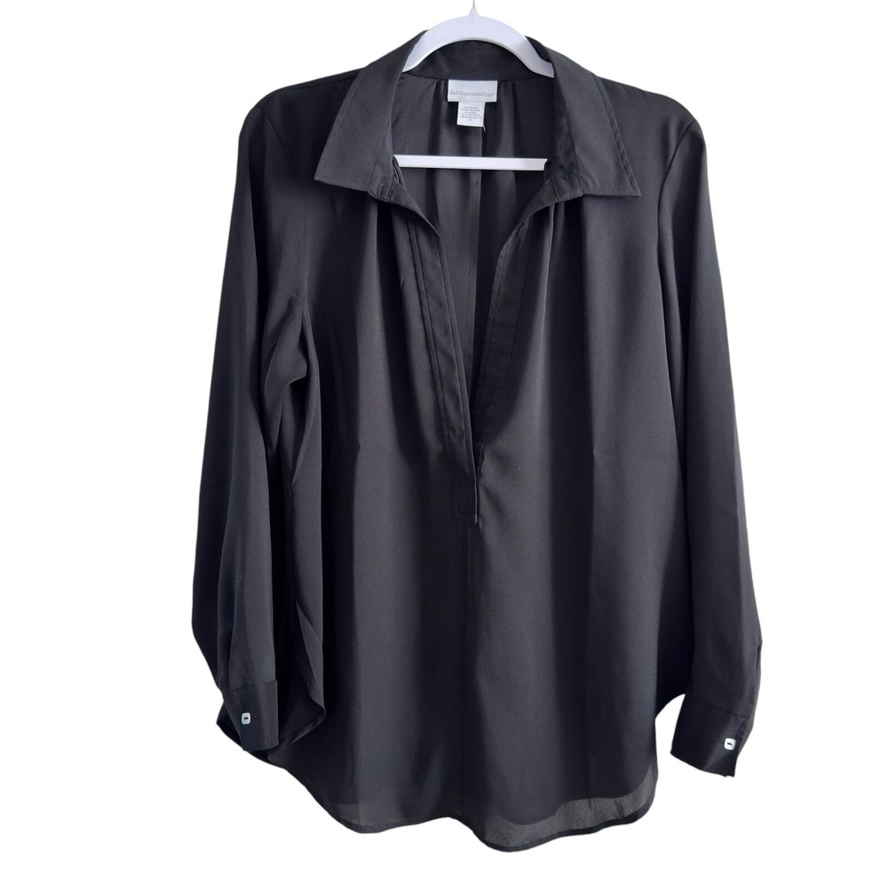Soft Surroundings Black Tunic Blouse Deep V-Neck Collared Semi Sheer Sz LP